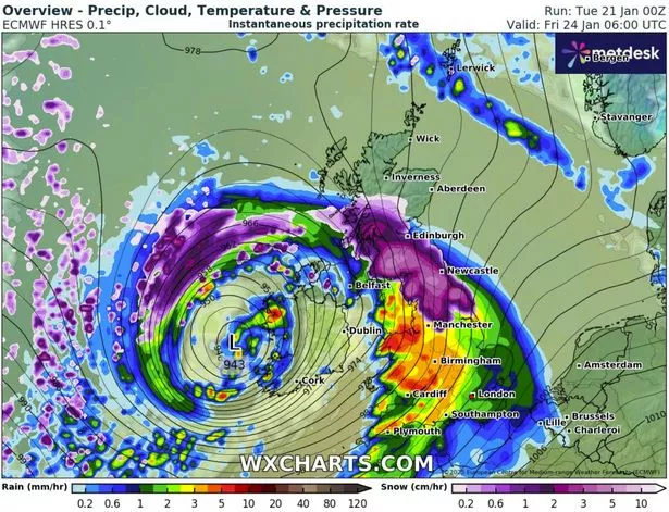 英国降雪:风暴Éowyn地图显示了5英寸将在短短6小时内掩埋半个英国的准确时间